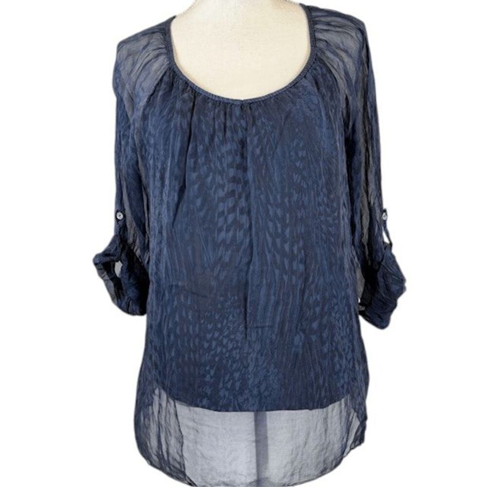 Piazza Roma Silk Blouse Navy Blue Print Fitted Lining 1/2 Sleeve Size Small‎ Top